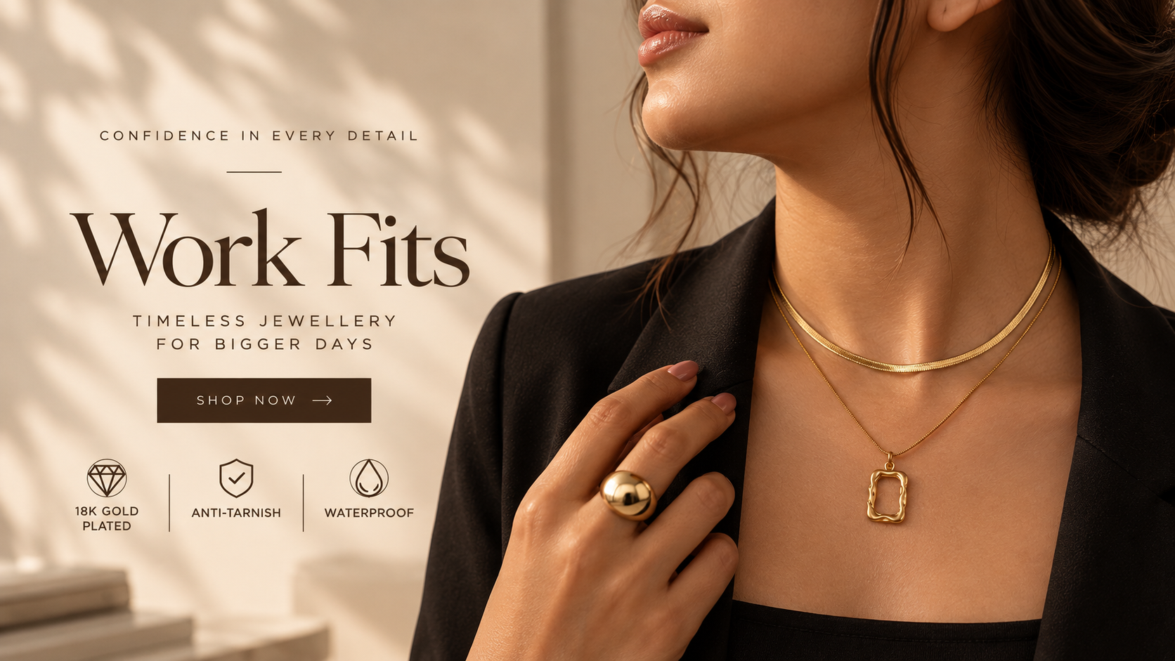 SHAURA timeless work jewellery with layered gold necklaces and a statement ring
